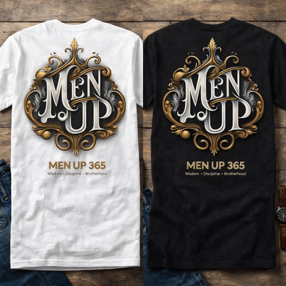 MEN UP 365 Ornate Crest Christian Men's T-Shirt — Black/White MenUp365 faith-based apparel